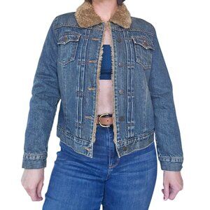 Vintage 1990s Gap Denim Faux Fur Lined Barn Jacket Women Size L Western Barncore